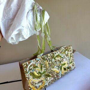 Vintage Beaded Sequin Floral Evening Clutch Purse Green Gold White Wedding Bag